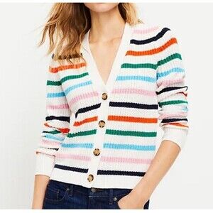 LOFT Chunky Knit Button Cardigan Womens Medium Cream Multicolor Striped V Neck